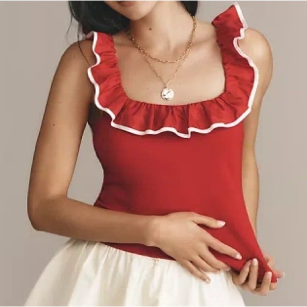 Anthropologie Red Ruffle Trim Tank Top